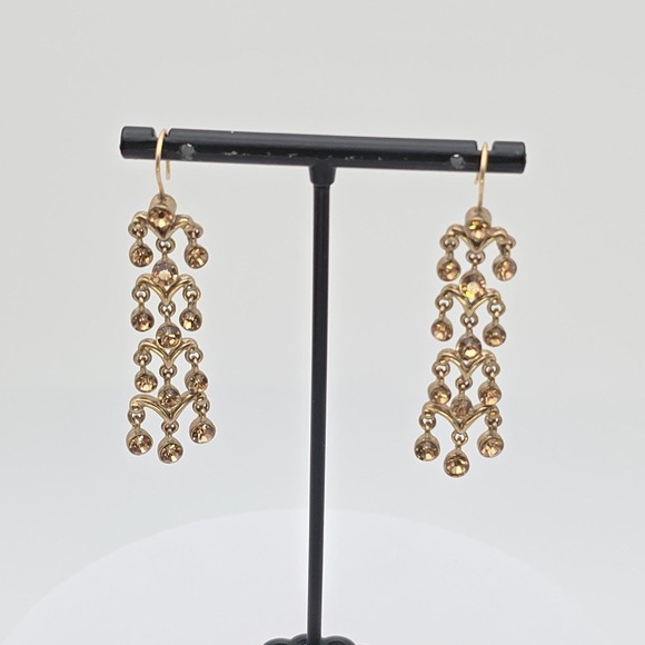 Genuine Vtg MONET Chandelier Earrings Cognac Crystals Gold Tone Signed FREE SHIP - Picture 6 of 7